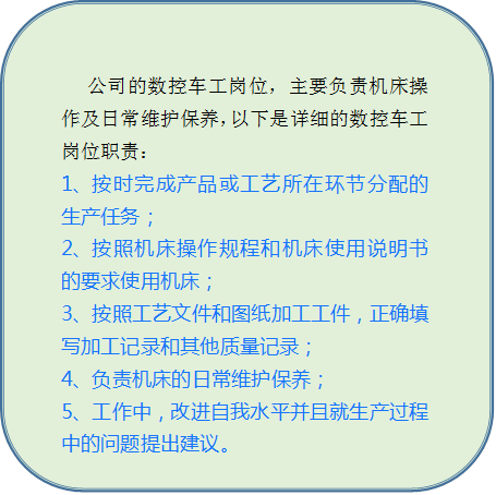 公司的数控车工岗位，主要负责机床操作及日常维护保养，以下是详细的数控车工岗位职责：1、按时完成产品或工艺所在环节分配的生产任务；2、按照机床操作规程和机床使用说明书的要求使用机床；3、按照工艺文件和图纸加工工件，正确填写加工记录和其他质量记录；4、负责机床的日常维护保养；5、工作中，改进自我水平并且就生产过程中的问题提出建议。